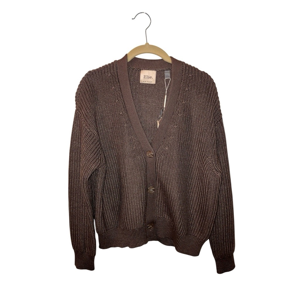 Elie Tahari Cardigan Sweater Button Brown Cotton Shaker Knit Sz L
